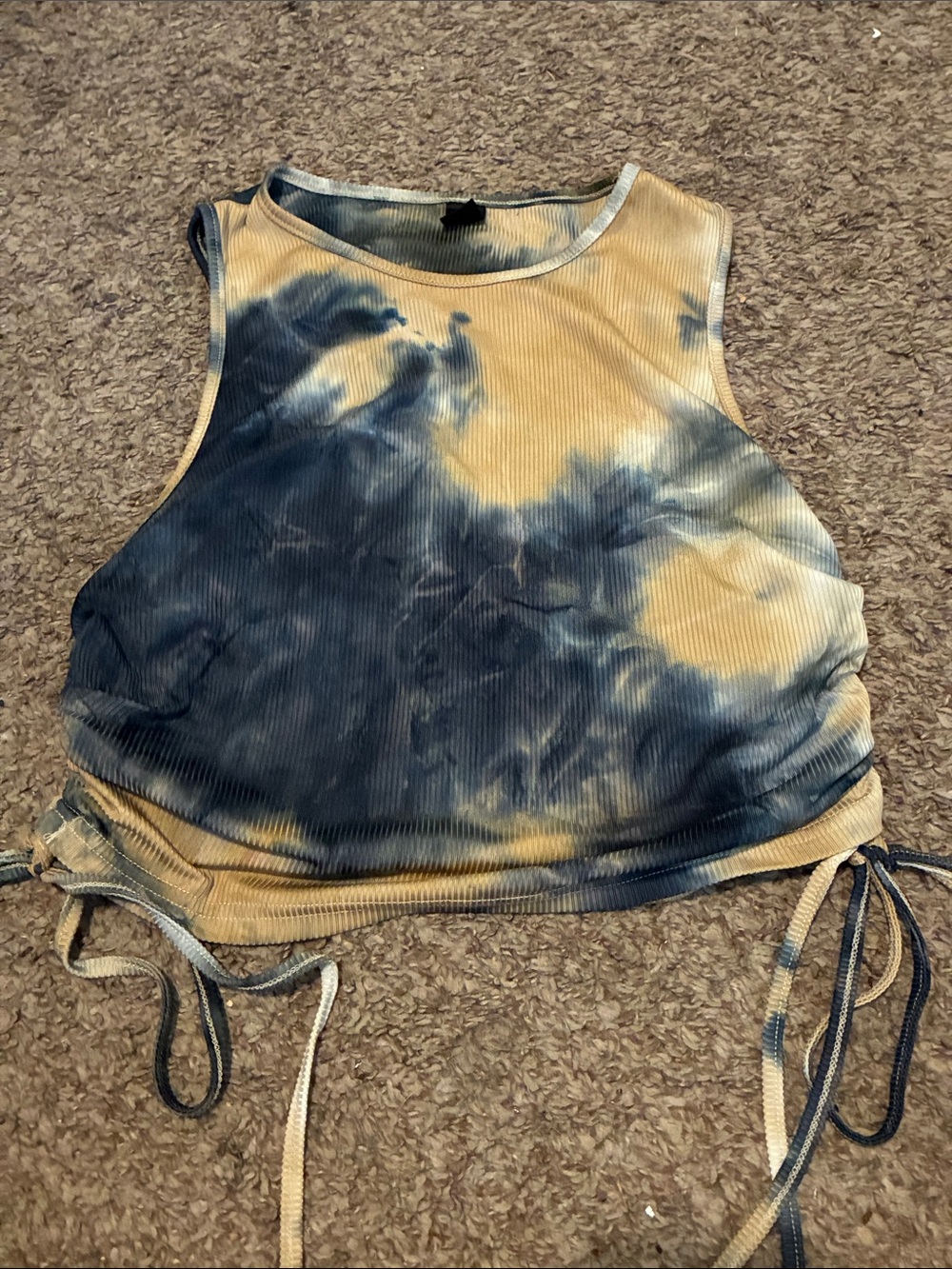 SHEIN Navy & Mustard Tie-Dye Ribbed Side-Ruched Crop Tank